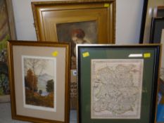 Two framed prints and a watercolour of a female peeling potatoes Condition reports provided on