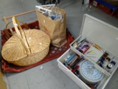 Parcel of sewing equipment including cottons, fabrics and patterns together with an embroidery frame