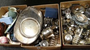 Two boxes of mixed electroplate and a box of pottery and china (3 boxes) Condition reports