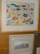 Oil on card - beach scene by SUE McDONAGH together with a framed watercolour of a beached sailing