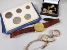 A 9ct yellow gold band ring, two vintage watches, cuff links & a decimal coin commemorative pack