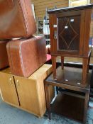 Edwardian inlaid bedside pot cupboard, oak drop leaf table and square occasional table (3) Condition