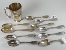 A Walker & Hall silver mug and a collection of silver teaspoons, 12oz total Condition reports