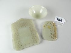 Pale jade small pedestal bowl together with carved & pierced jade panel depicting fantastic bird w
