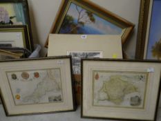 Two framed coloured etchings of Devon and Cornwall, framed oil on board ETC Condition reports