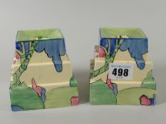 A pair of excellent Clarice Cliff square based stepped candle holders for the 'Bizarre' range in the