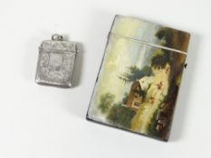 A nineteenth century landscape painted card case with note inside making a connection of