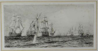 WILLIAM LEONARD WYLLIE monochrome etching - sailing ships firing in battle, signed, 20 x 40cms