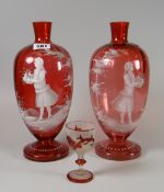Pair of Mary Gregory or style cranberry glass bottle vases ETC Condition reports provided on request