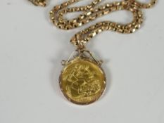 A 1911 gold full sovereign mounted and attached to a 9ct necklace, total weight 20grams Condition