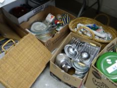 Large parcel of household and kitchen items including pyrex dishes, picnic basket, linen ETC