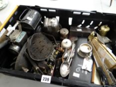 Crate of vintage items including wagon lamps, small wood plane, keys ETC Condition reports