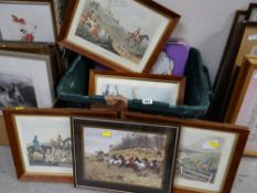Box of framed hunting prints and Pop Art oils on board Condition reports provided on request by
