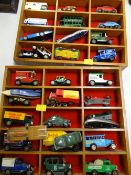 A pair of small open display shelves containing diecast toy vehicles by Matchbox / Days Gone etc (