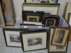 A tub of framed etchings and prints Condition reports provided on request by email for this