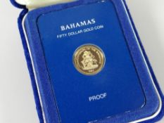 A 1982 $50 gold coin of the Bahamas with certificate (cased) Condition reports provided on request