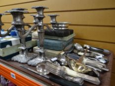 Tray of boxed and loose EPNS flatware, candlesticks, bottle coaster ETC Condition reports provided