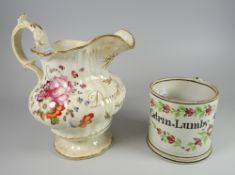 A pottery jug with painted floral body dedicated to 'David Evans, Surgeon 1830' and a mug for '