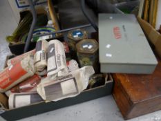 Vintage vet's medicine box together with another, parcel of old tins and Osram lamps Condition