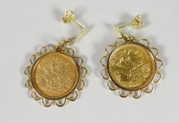 Two half sovereign earrings dated 1905, 13.6grams total Condition reports provided on request by
