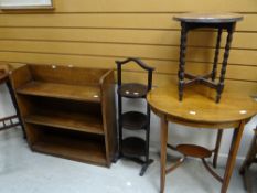 Parcel of assorted furniture to include three-tier folding cake stand, open bookshelves, oval