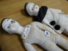 Two vintage Pierriot dolls with ceramic heads, hands and feet Condition reports provided on