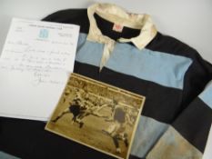 A 1950s CARDIFF RFC JERSEY NUMBER 2 ISSUED TO GARETH GRIFFITHS with traditional black and blue