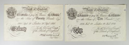 TWO BELIEVED BERNHARD BANK OF ENGLAND SACHENHAUSEN FORGED BANK NOTES, comprising twenty pounds white
