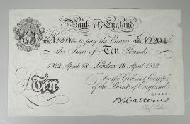 BANK OF ENGLAND, B.G. CATTERNS, TEN POUNDS WHITE BANK NOTE, 18 April 1932, K/105 12204. Condition