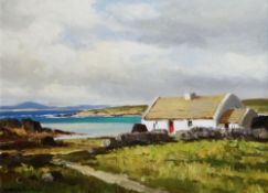 MAURICE C WILKS oil on canvas - Irish landscape, entitled verso 'Galway Cottage', signed, 44 x