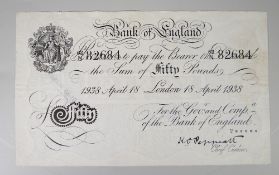 BANK OF ENGLAND, K.O. PEPPIATT, FIFTY POUNDS WHITE BANK NOTE, 18 April 1938, 62/N 82684. Condition