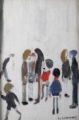 LAURENCE STEPHEN LOWRY oil on board - nine standing figures including two walking, entitled 'Teenage