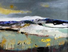 CHRISTINE WOODSIDE RSW RGI mixed media - winter landscape with birds perched on a fence, entitled