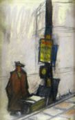 NORMAN CORNISH mixed media - figure on the street with overcoat by a lamp post, entitled verso '