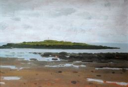 JOHN PEACE acrylic on board - coastal scene, entitled bottom left 'Holy Island, 68 St Cuthbert's