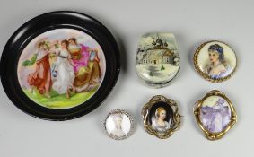 GROUP OF PORTRAIT MINIATURES to include four circular and oval miniatures depicting females in