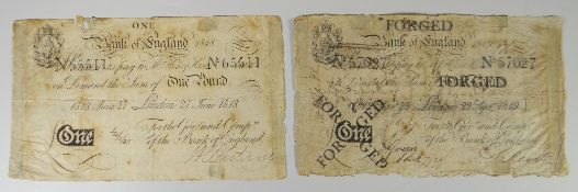 TWO BANK OF ENGLAND WHITE BANK NOTES, one dated 27 June 1818 No 65511, the other dated 22