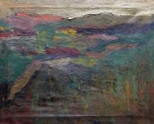 JOAN EARDLEY oil on canvas - semi-abstract, entitled verso 'The Allotment' with the artists name in