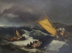 AFTER JMW TURNER oil on canvas - dramatic sea rescue with figures in rafts and sailboats in high