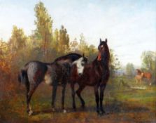 ALFRED CORBOULD oil on board - portrait of two standing thoroughbred horses in a landscape and