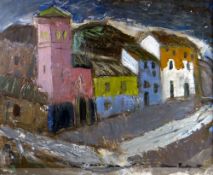 ANNE REDPATH OBE RSA ARA oil on board - colourful continental street scene with church, entitled
