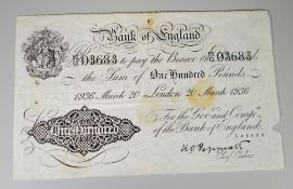BANK OF ENGLAND, K.O. PEPPIATT, ONE HUNDRED POUNDS WHITE BANK NOTE, 29 March 1936, 51/0 03683.