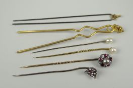 GROUP OF ASSORTED HAT PINS to include diamond and ruby cluster, fox head, pearl and others (6)