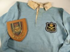 A 1950s RAF XV RUGBY UNION JERSEY NUMBER 5 ISSUED TO GARETH GRIFFITHS aquamarine with white collar