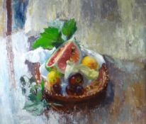 MARY ARMOUR RSW RSA oil on board - still life, entitled verso 'Fruit on a Plate', 59 x 70cms