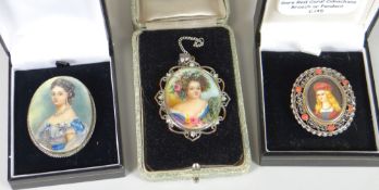 TWO SIMILAR BELIEVED RUSSIAN FEDOSKINO OVAL HAND PAINTED MINIATURES OF FEMALES on mother of pearl,