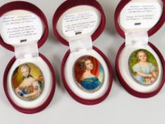 THREE SIMILAR BELIEVED RUSSIAN FEDOSKINO HAND PAINTED MINIATURES on mother of pearl, the sitters