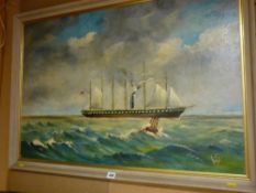 Oil on board - six masted ship in rough seas, initialled 'W S'