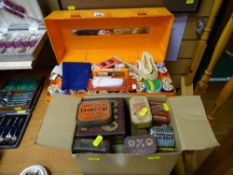 Box of vintage advertising tins - Oxo, tobaccos etc and a plastic box with haberdashery contents