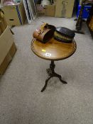 Mahogany wine table and a leather cased set of gent's hair brushes